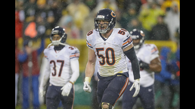 GREEN BAY, WI - NOVEMBER 26: Shea McClellin #50 of the Chicago Bears reacts after the Bears defeat the Green Bay Packers at Lambeau Field on November 26, 2015 in Green Bay, Wisconsin. The Chicago Bears defeated the Green Bay Packers 17 to 13. (Photo by Mike McGinnis/Getty Images)